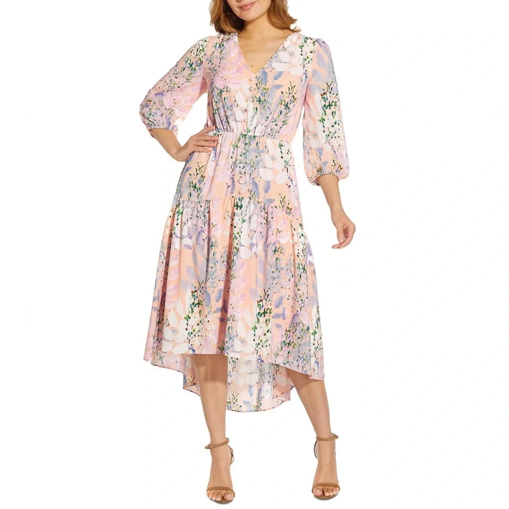 knee length dresses for ladies Sleeveless Embroidered Side Flounce Midi Dress In Pink Multi-Pink Multi /  Regular / 0 main image 1